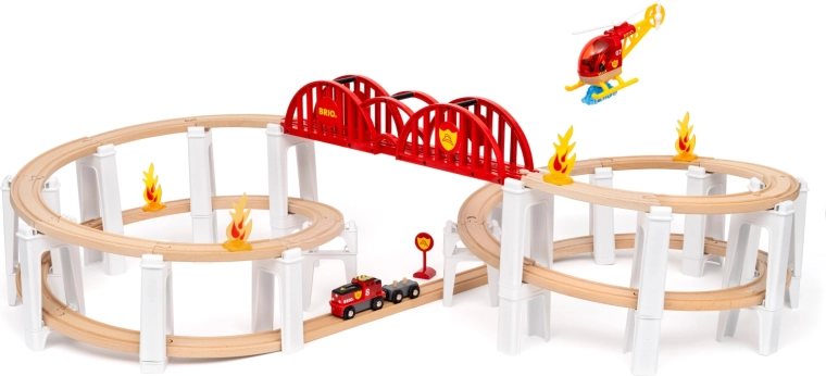 Brio World méga-spirale – circuit de train en bois avec pont, accessoires de pompiers et hélicoptère