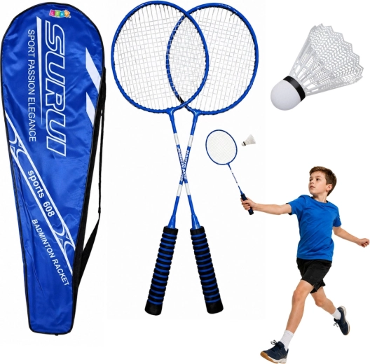 Set de badminton – 2 raquettes, volant en plastique et housse (bleu)