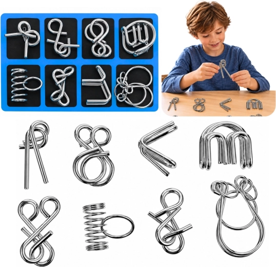 Casse-têtes logiques métalliques en fil de fer avec support bleu – 8 pièces