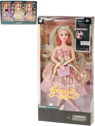 Poupée mannequin blonde à la mode en robe de bal scintillante avec sac à main et boucles d’oreilles - 1 pièce