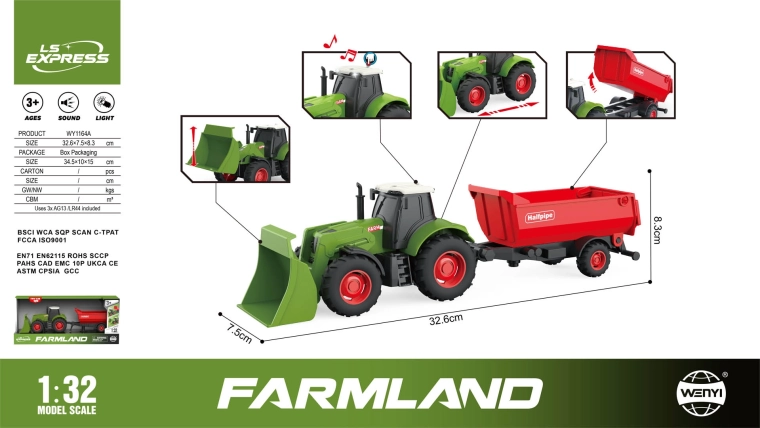 Tracteur vert avec remorque rouge, lumières et sons 1:32