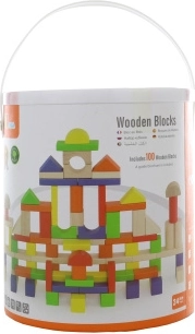 Jeu de construction en bois avec 100 cubes dans un seau