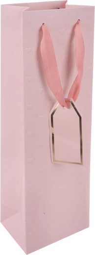 Sac cadeau en papier rose pour bouteille de vin avec relief de cœurs