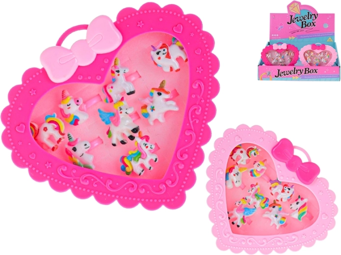 Set de bagues pour enfants réglables avec motif licorne dans une boîte en forme de cœur, 12 pcs