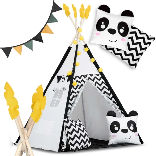 Tipi pour enfants avec guirlande et lumières Nukido – noir et blanc avec panda