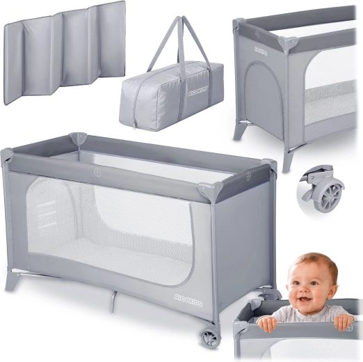 Lit de voyage Ricokids avec matelas et sac, gris