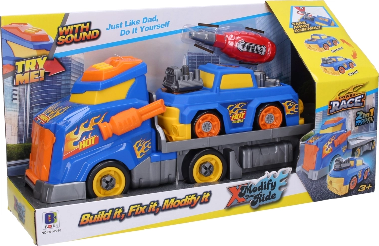 Camion avec voiture et effets sonores, set à visser de 43 cm