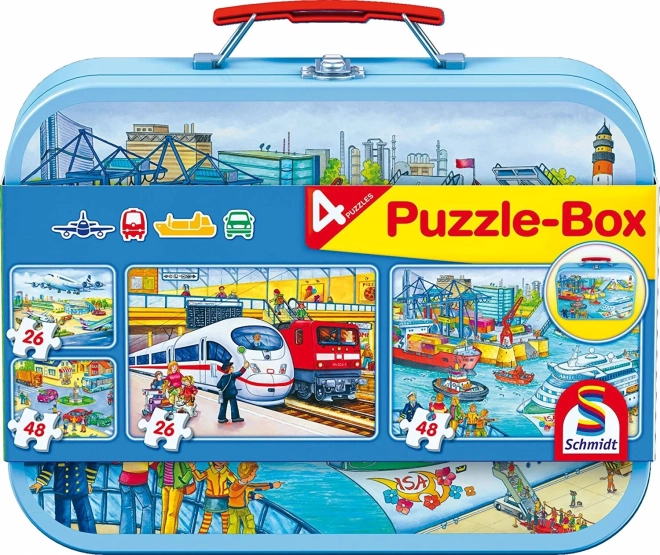 Puzzles Transports 4-en-1 dans une valisette en métal
