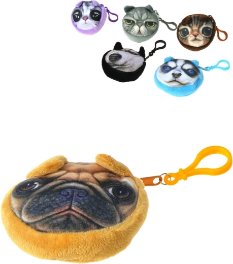 Porte-monnaie enfant rond en peluche avec petit chien et mousqueton 9 cm - 1 pièce