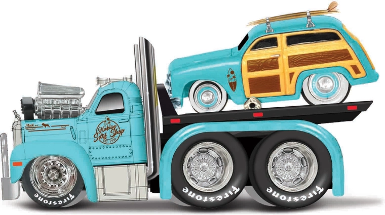 Maisto Muscle Transports 1953 Mack B-61 plateau avec 1950 Ford Woody 1:64
