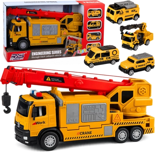 Camion-grue jaune avec transporteur de véhicules, lumières et sons (4 mini-véhicules)