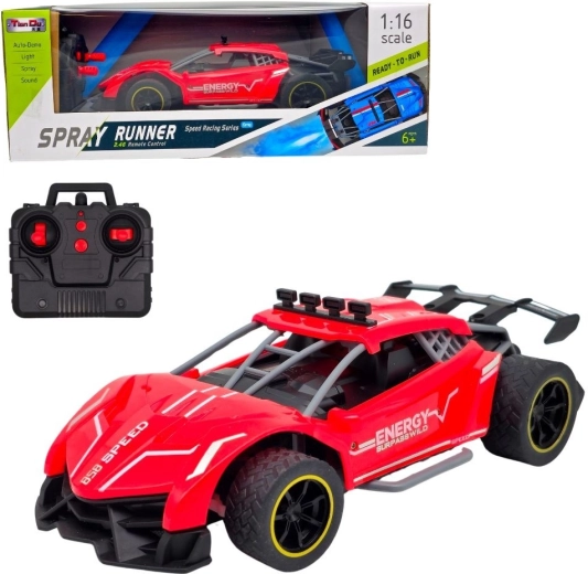 Voiture de course RC sportive rouge avec effet de fumée