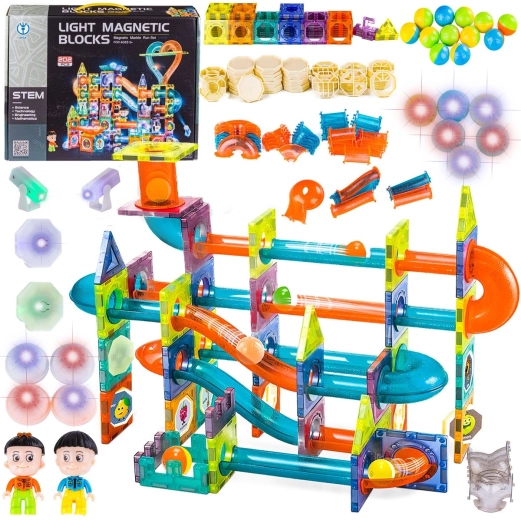 Jeu de construction magnétique lumineux avec circuit à billes – 202 pièces