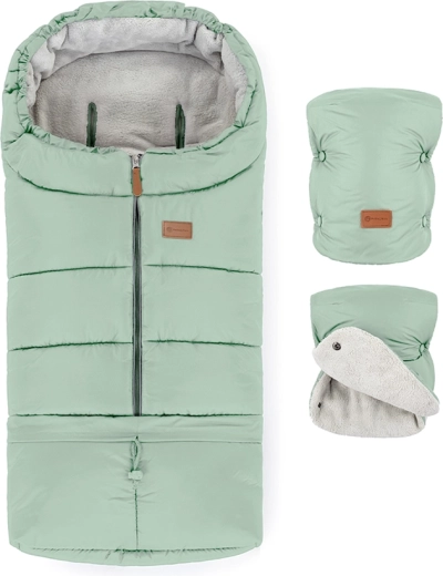 Ensemble d’hiver Petite&Mars : chancelière Jibot 3en1 et moufles pour poussette Jasie Pale Eucalypt