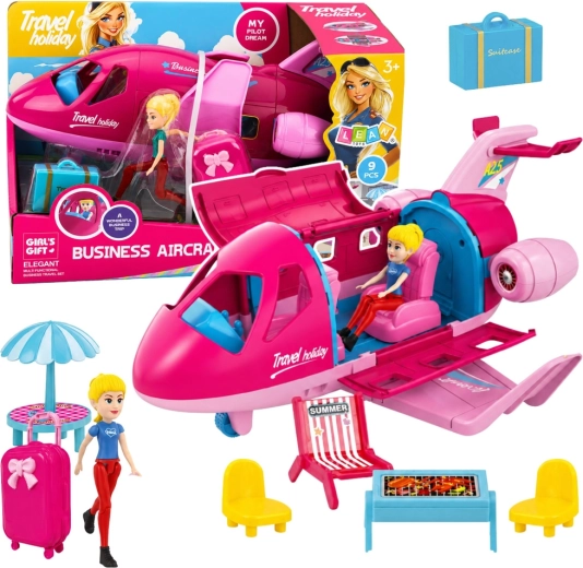 Avion pliable pour poupées – set de voyage avec accessoires 9 pièces, rose