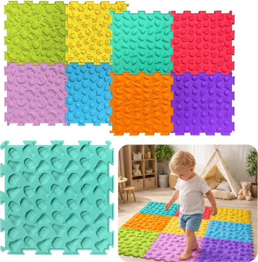 Tapis puzzle sensoriel – dalles texturées colorées 24,5 cm, lot de 10 pièces