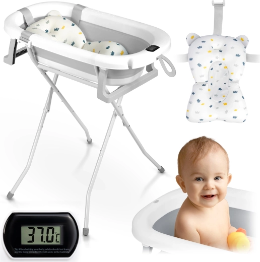 Baignoire pliante pour enfants avec support, thermomètre et insert Ricokids, blanc-gris