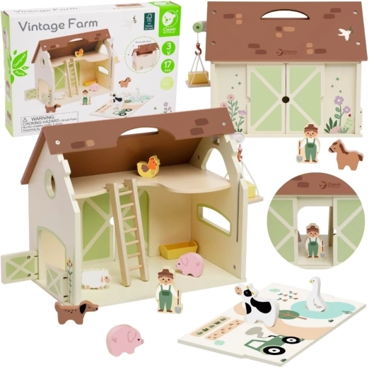 Ferme vintage en bois Classic World avec figurines, 17 pièces