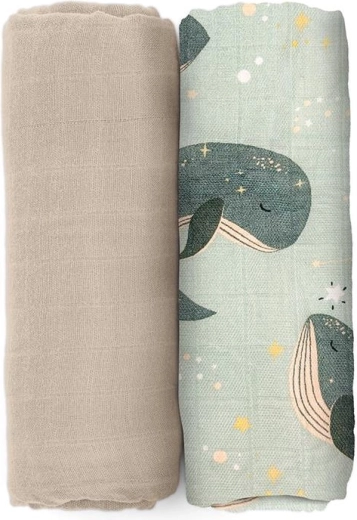 Petite&Mars langes emmaillotage en mousseline de bambou Misty Whale Song 120 × 120 cm, lot de 2