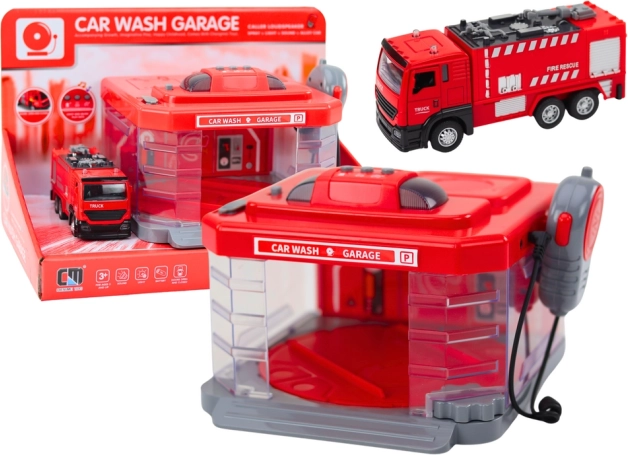 Station de lavage des pompiers avec talkie-walkie, lumières, sons et effet d’eau