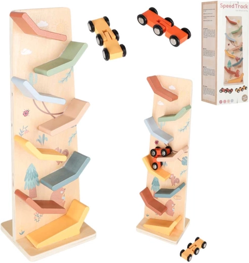 Circuit de petites voitures en bois avec toboggan et 2 voitures