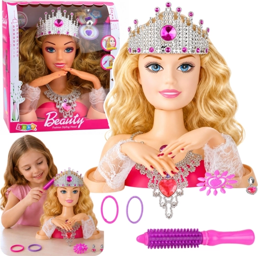 Tête de poupée pour stylisation avec couronne et accessoires
