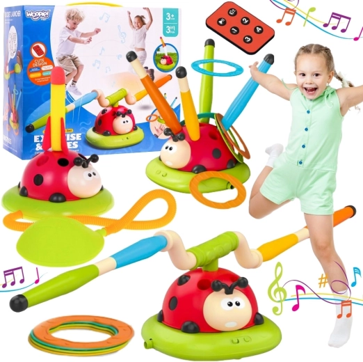Woopie jeu interactif 3-en-1 pour enfants – barre sauteuse, lanceur de fusées à air et jeu de lancer d’anneaux Coccinelle