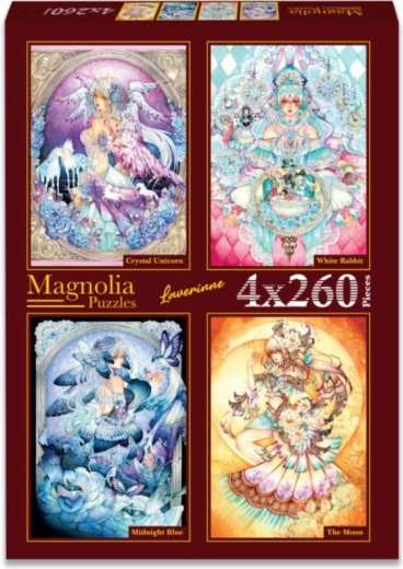 Puzzle Magnolia licorne cristal, lapin blanc, bleu de minuit et lune 4×260 pièces