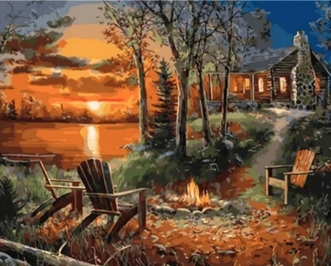 Norimpex Peinture par numéros Maison avec cheminée au coucher du soleil 40 × 50 cm