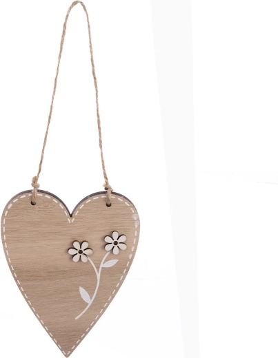 Décoration suspendue en bois en forme de cœur avec fleur beige 13 cm