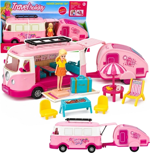 Camper de voyage rose avec remorque, poupée et équipement de camping