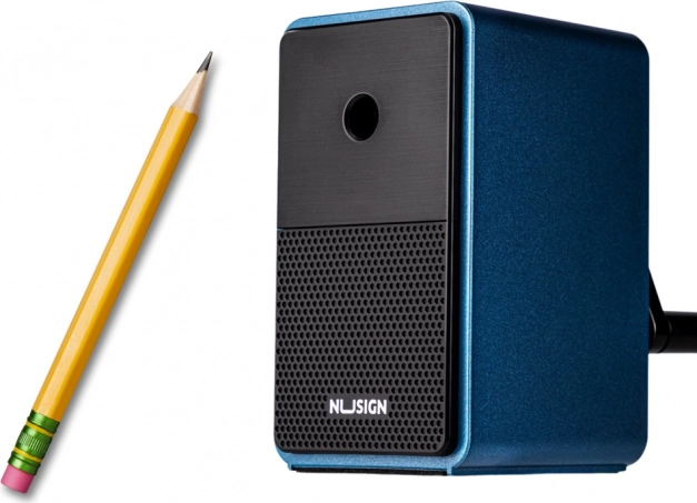 Taille-crayon à manivelle avec récipient et réglage de lame, bleu