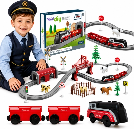 Train électrique WOOPIE – ferme avec animaux, 70 pièces