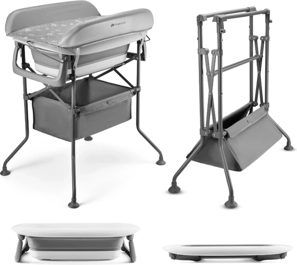 Kinderkraft table à langer avec baignoire Bubbly Grey – table à langer pliante et petite baignoire pour enfant
