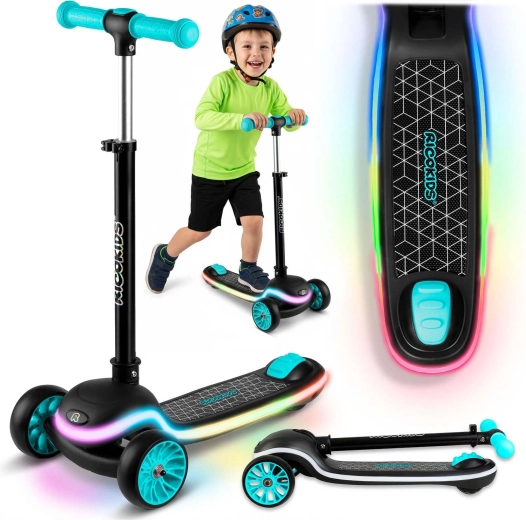 Trottinette d’équilibre pour enfant à trois roues avec panneau LED Ricokids Leddi – noir-turquoise