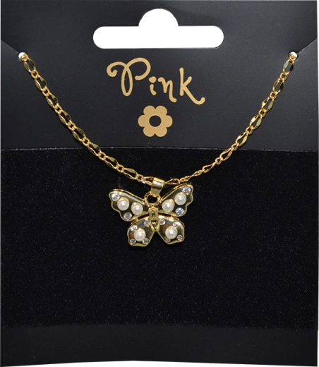 Collier plaqué or avec pendentif papillon et perles