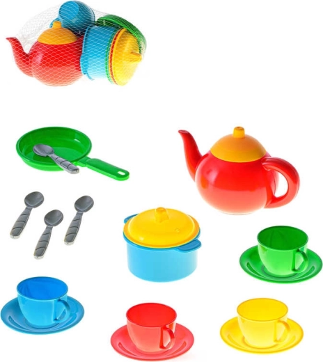 Ensemble de vaisselle en plastique pour enfants pour le thé et la cuisine en filet (16 pièces)
