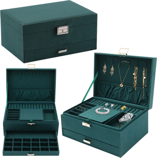 Boîte à bijoux en velours vert bouteille avec tiroir et clé