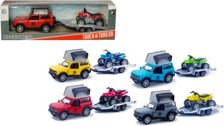 Voiture tout-terrain en métal avec remorque et quad