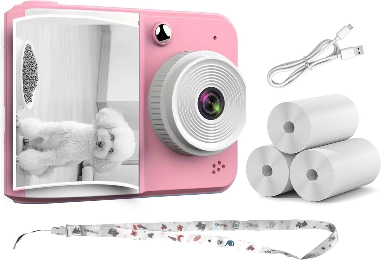Appareil photo instantané RENEW FORCE rose avec impression thermique et 3 rouleaux de papier