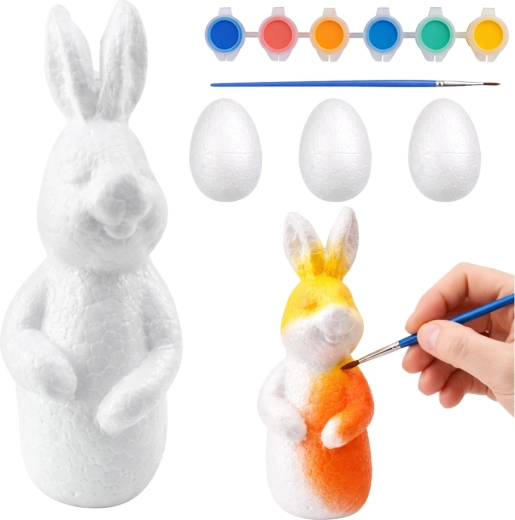 Kit de peinture pour décorations de Pâques en polystyrène : un lapin et 3 œufs