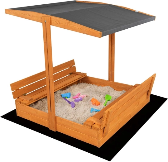 Bac à sable en bois pour enfants avec bancs et toit réglable BABY MIX 120 × 120 cm, gris, refermable