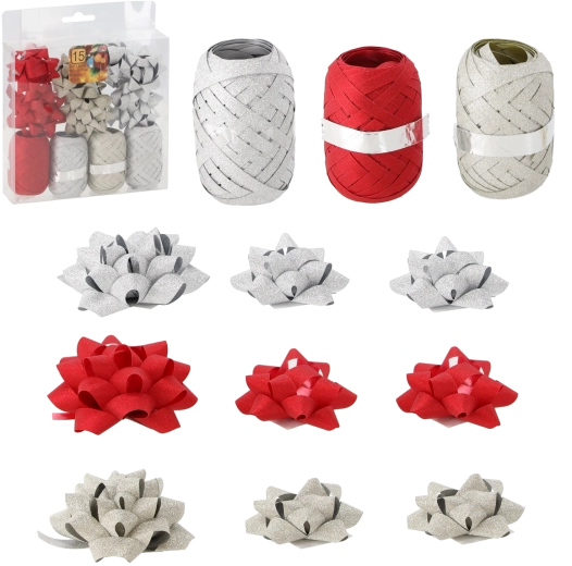 Kit d’emballage cadeau – or, rouge et argent (4 rubans + 11 nœuds)