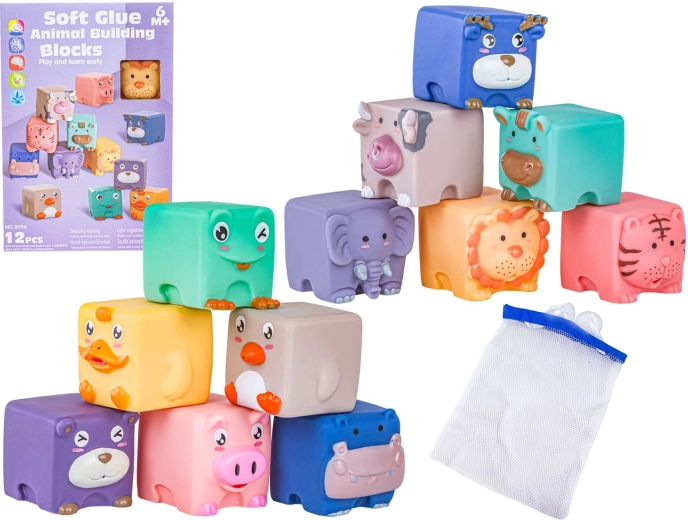 Cubes sensoriels souples en silicone avec animaux (12 pcs)