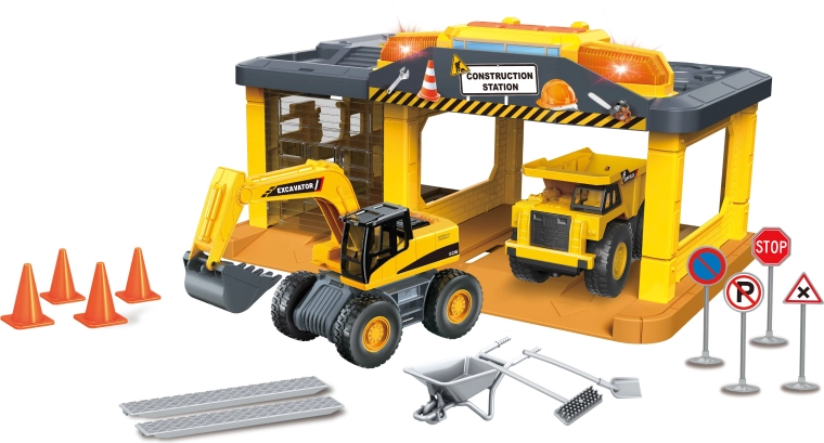 Garage de chantier avec pelleteuse, camion-benne et accessoires avec lumières et sons