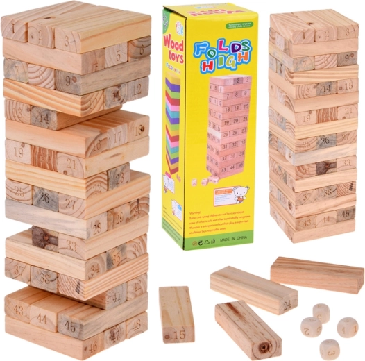 Tour en bois instable – jeu d’adresse avec blocs numérotés et 4 dés