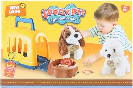 Chien en peluche avec caisse de transport et accessoires