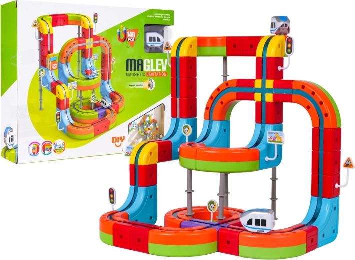 Piste magnétique colorée avec train (140 pièces)