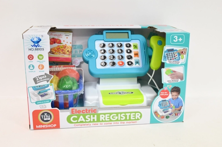 Caisse enregistreuse enfant à piles avec calculatrice, scanner et accessoires