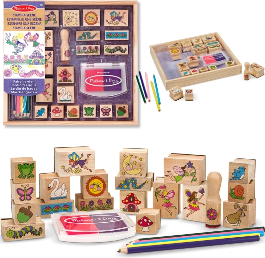 Melissa & Doug kit créatif tampons en bois Jardin des fées (20 motifs, encre et crayons de couleur)